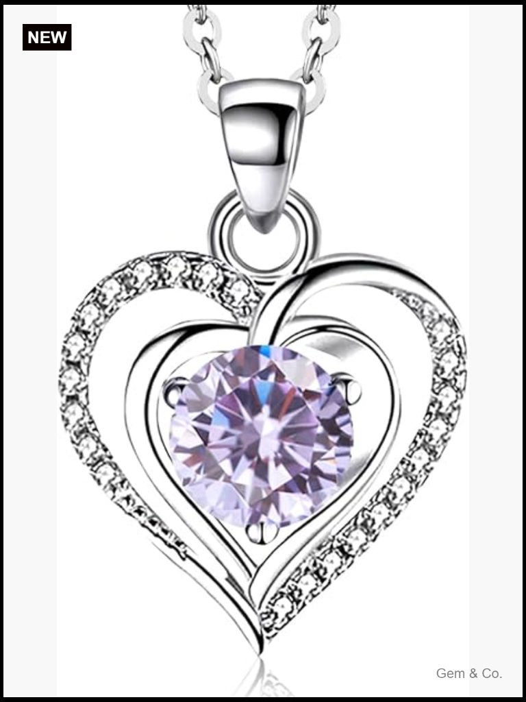 925 Sterling Silver Double Heart Pendant Necklace With Cubic Zirconia Birthstone